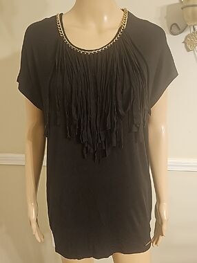 Michael Kors Black Fringe Top with Gold Chain Neckline